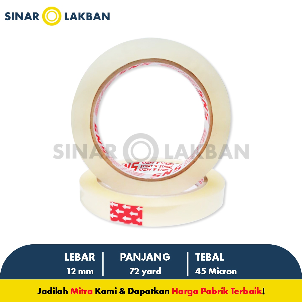 

Isolasi / Solatip Bening 12 Mm x 72 Yard x 45 Mic Sticky N Strong (SNS) SINAR LAKBAN