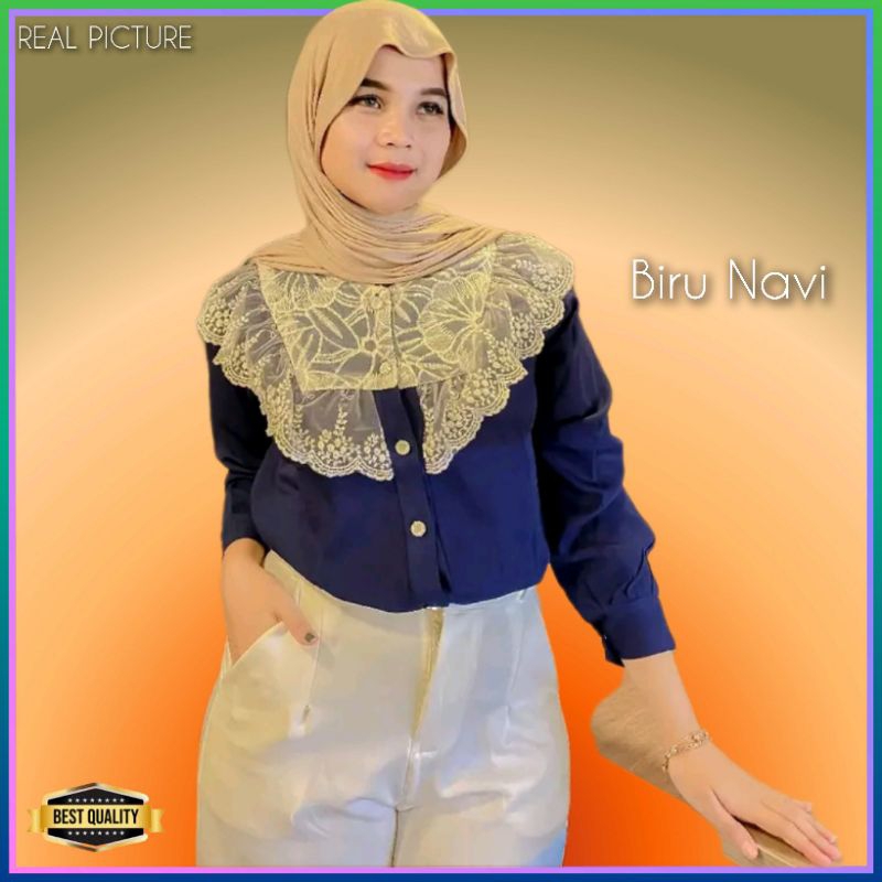 Blouse Korea Wanita Baju Atasan LD 105 Jumbo LD 115 Kemeja Blus Tunik Biru Navi