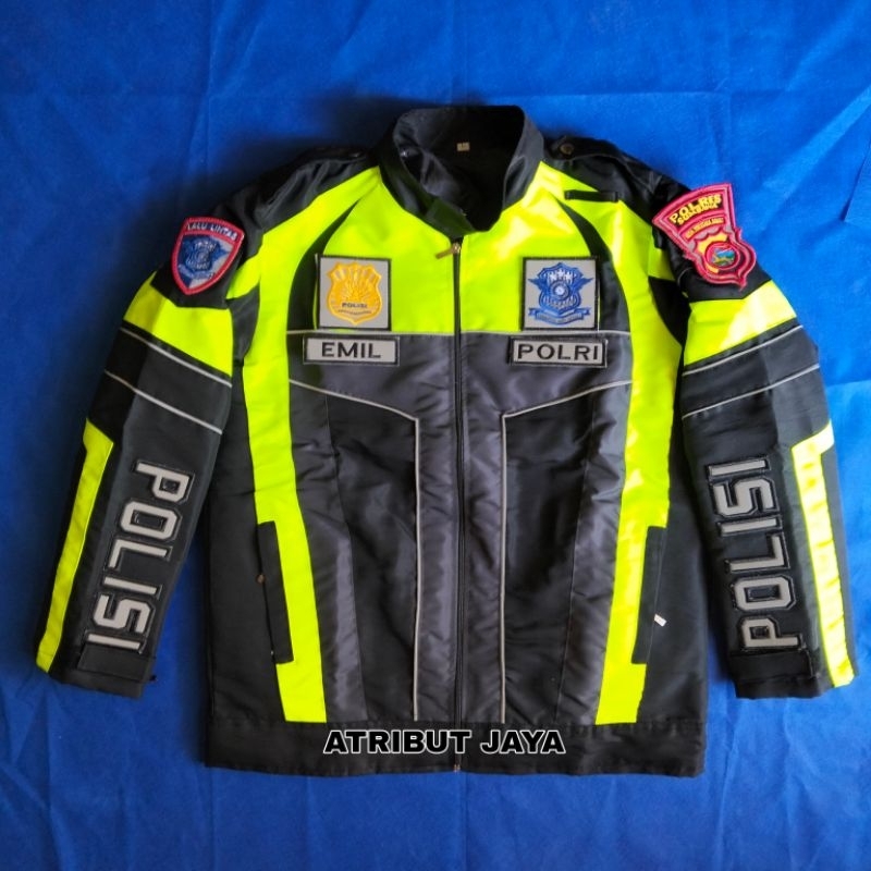 jaket lantas polri lalu lintas hitam terbaru waterproof