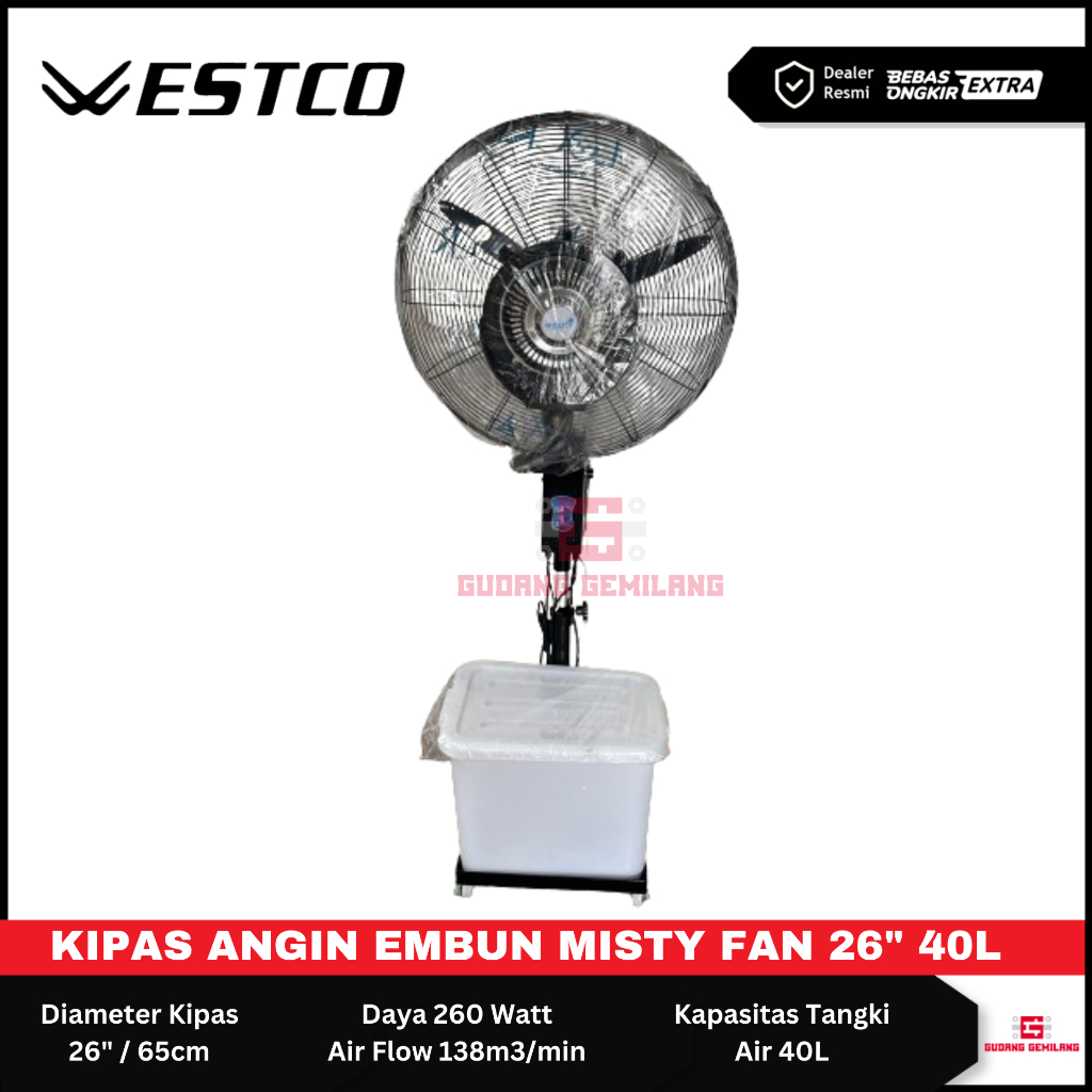 Kipas Angin Embun Westco 26 Inch Mist Fan Embun Kabut Halus Spray Fan Water Tank 40L