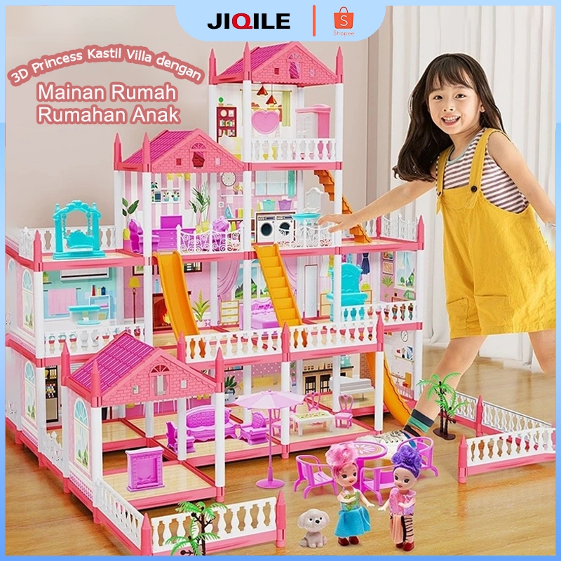 JIQILE Mainan Rumah Rumahan Anak Perempuan 3D Princess Kastil Villa dengan Lampu dan Boneka Perakita