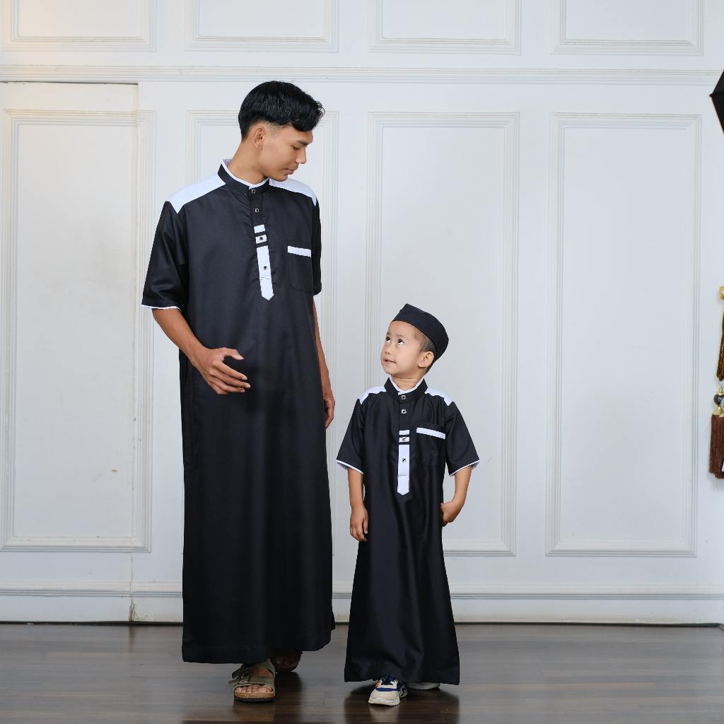 Baju Muslim Anak Hitam Jubah Lengan Pendek Laki Laki Premium Toyobo Gamis Pria Ayah dan Anak 3 - 15 