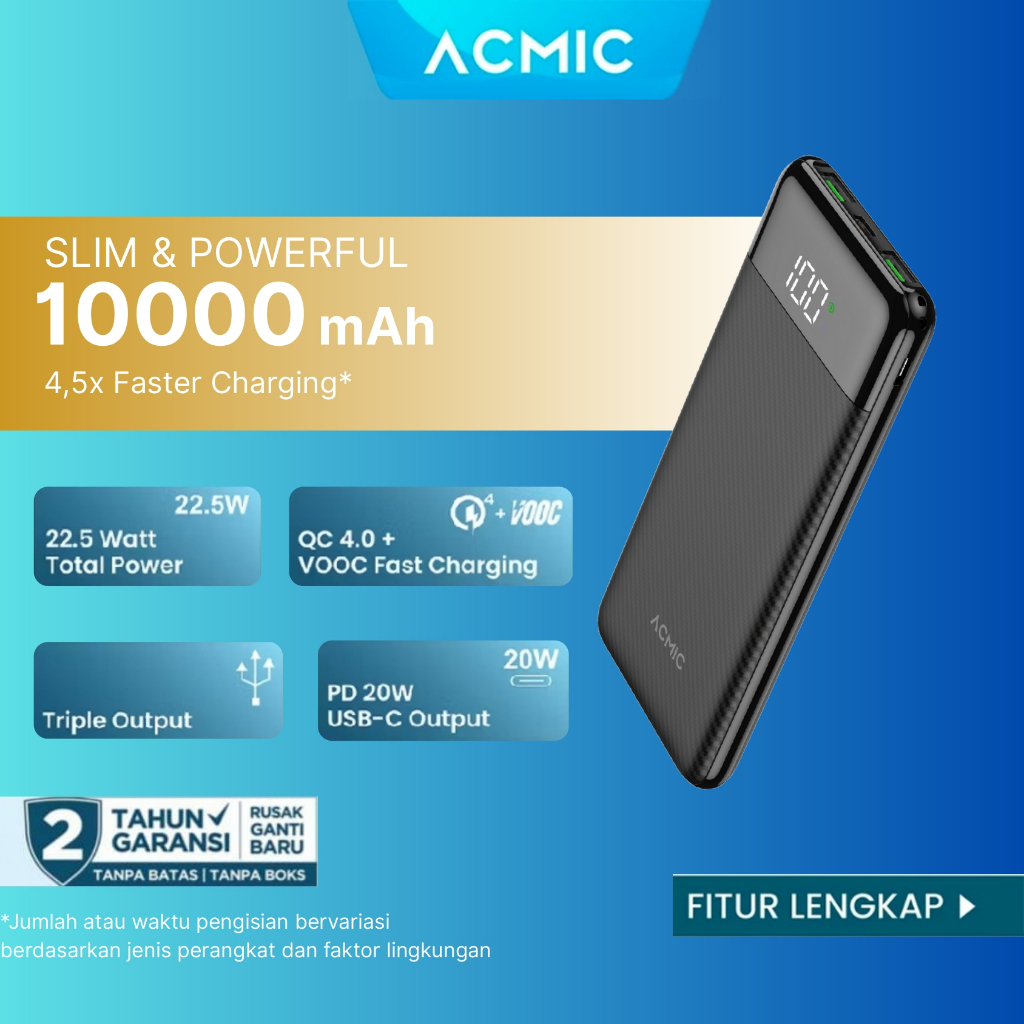 ACMIC F10PRO 10000mAh Powerbank Slim 22.5W Fast Charging Type C