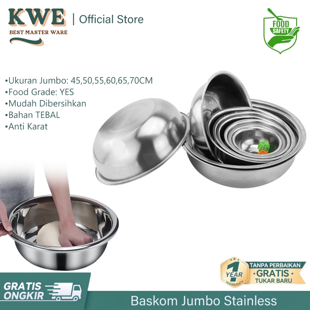 KWE Baskom Jumbo Stainless Tebal Ukuran 45-70CM Panci Serbaguna Food Grade Mangkok Stainless Wadah C