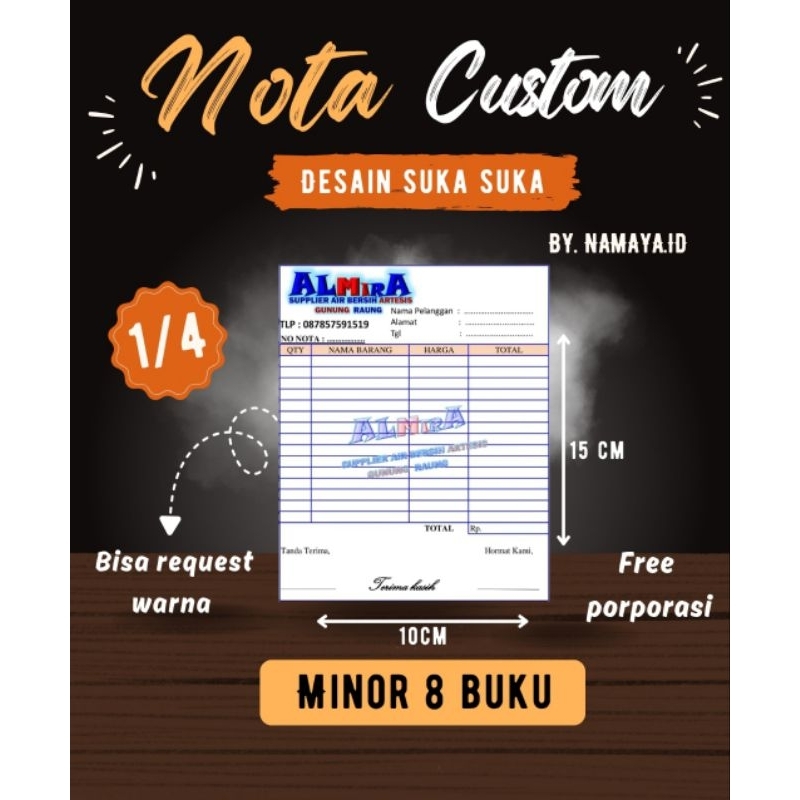 

Cetak Nota custom 1/4 Folio isi 50lbr -FREE Desain- nota custom desain