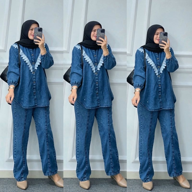 Setelan jeans - setcel jeans - set jeans wanita - one set jeans