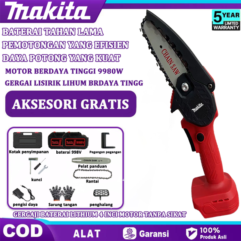MAKITA Mesin Chainsaw 4 Inch Cordless Chainsaw 998V Gergaji Baterai Gergaji Rantai Elektrik Mini 2 b