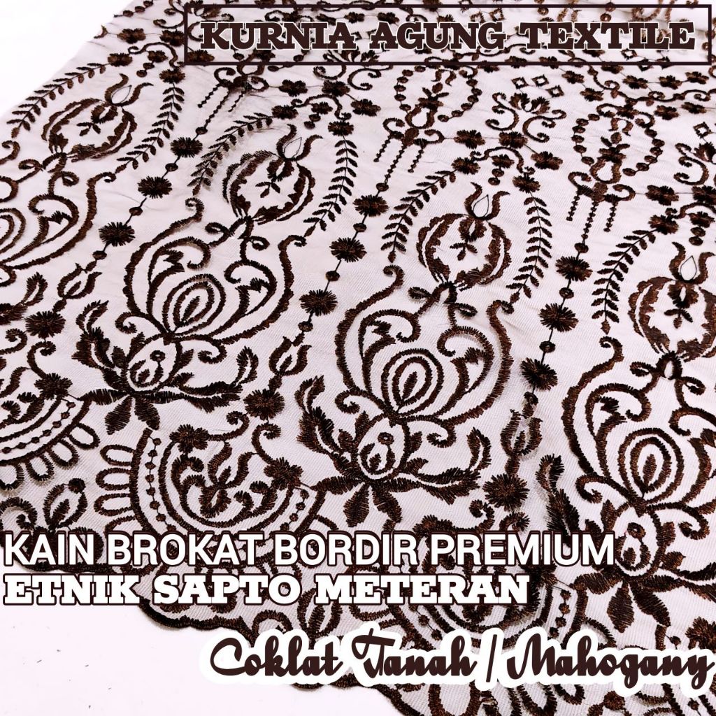 Kain Brokat Bordir Tile Meteran warna COKLAT TANAH / COKLAT MAHOGANY Motif Etnik Sumba Premium