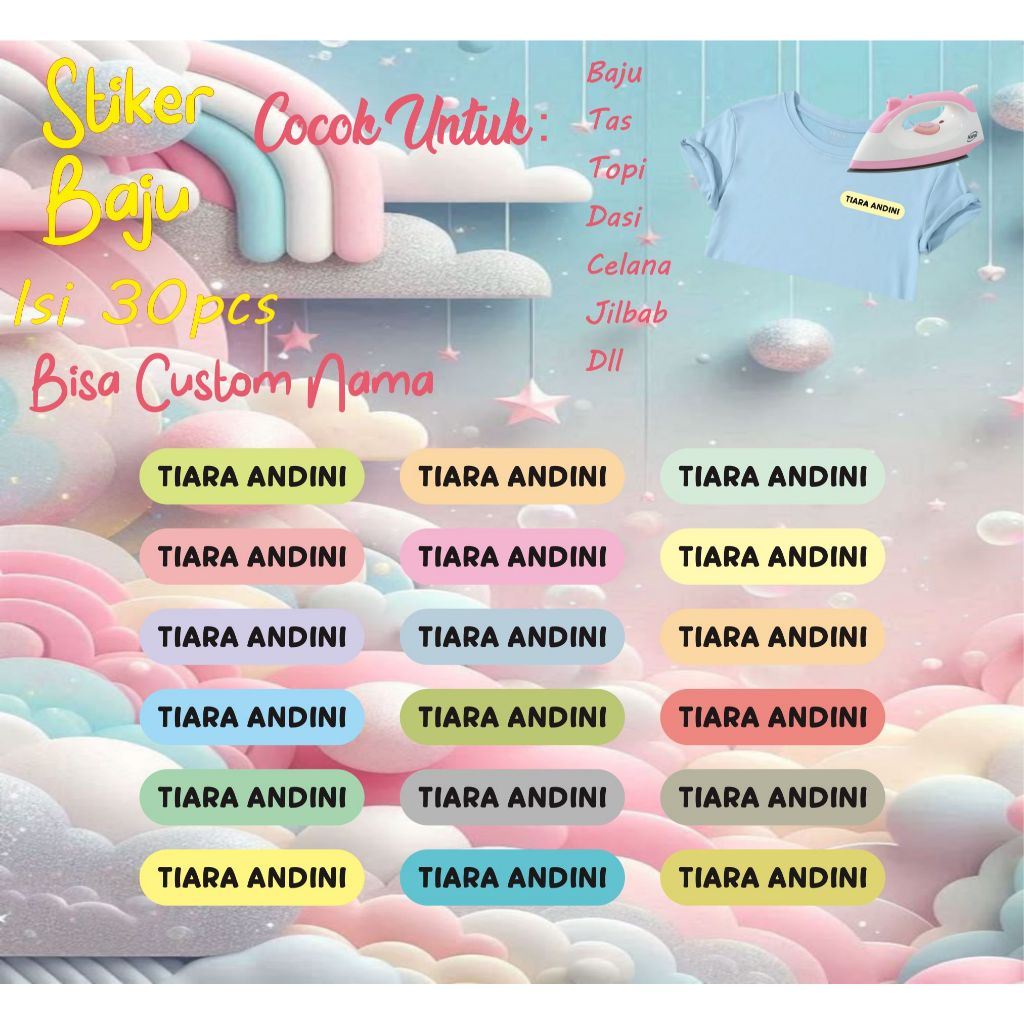 

Stiker Label Nama/Stiker Setrika Baju Untuk Anak-anak dan Dewasa Custom Nama Bahan Dtf Isi 30pcs