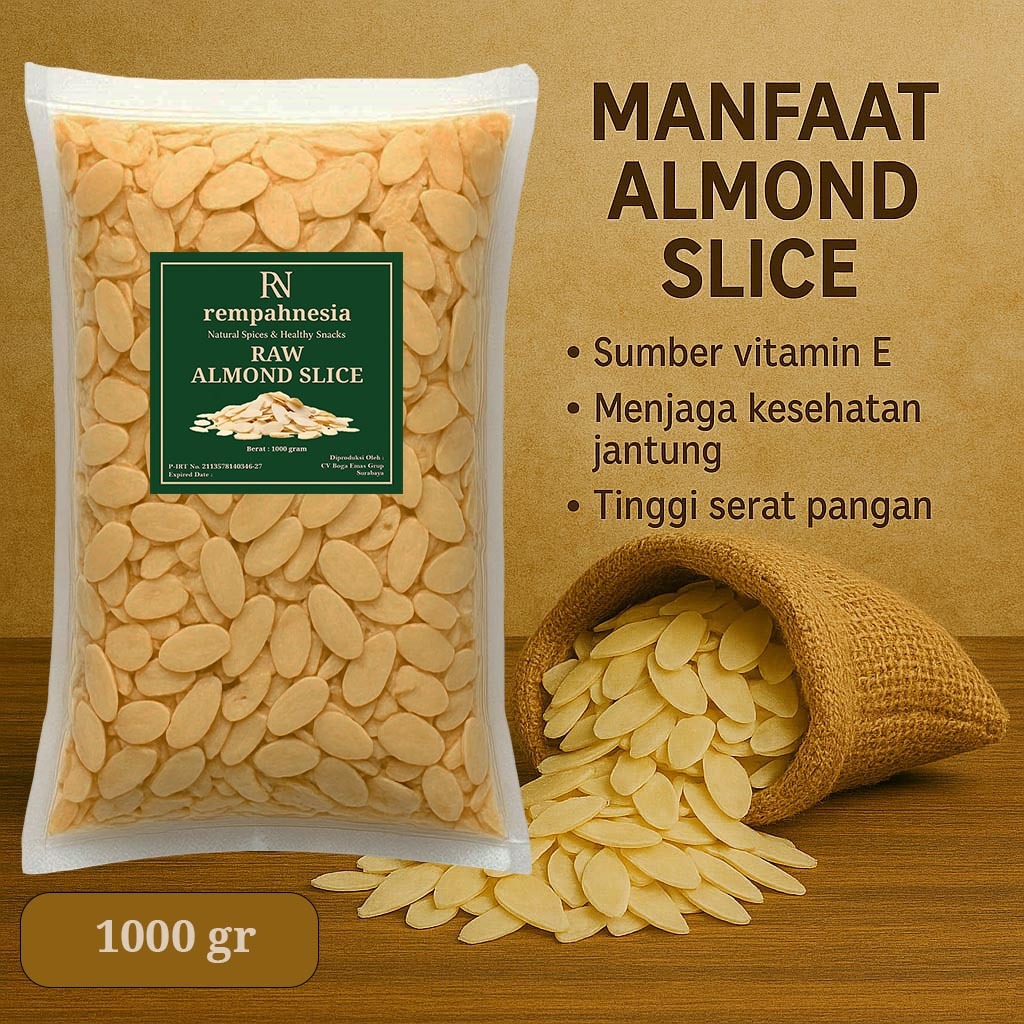 

RAW ALMOND SLICE PREMIUM 1000 GRAM / ALMOND IRIS MENTAH 1000 GR / 1 KG