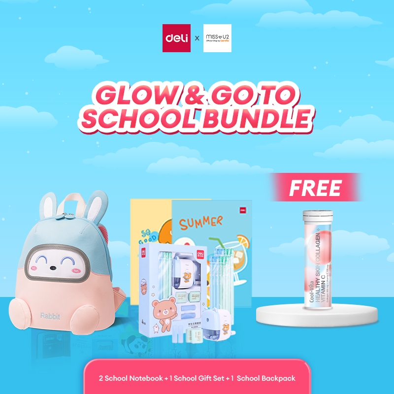 

[DELI X COOLVITA] Glow & Go to School Bundle / 2 Buku Tulis Sekolah, 1 Set Alat Tulis (4 in 1), 1 Tas Sekolah / FREE COLLAGEN TUBE