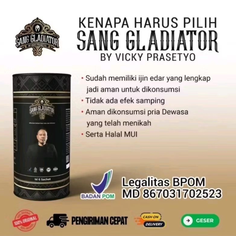 

Sang Gladiator by Vicky Prasetyo Kopi Pilihan Pria - Halal & Bpom - 1 Pack isi 6 Sachet Terlaris