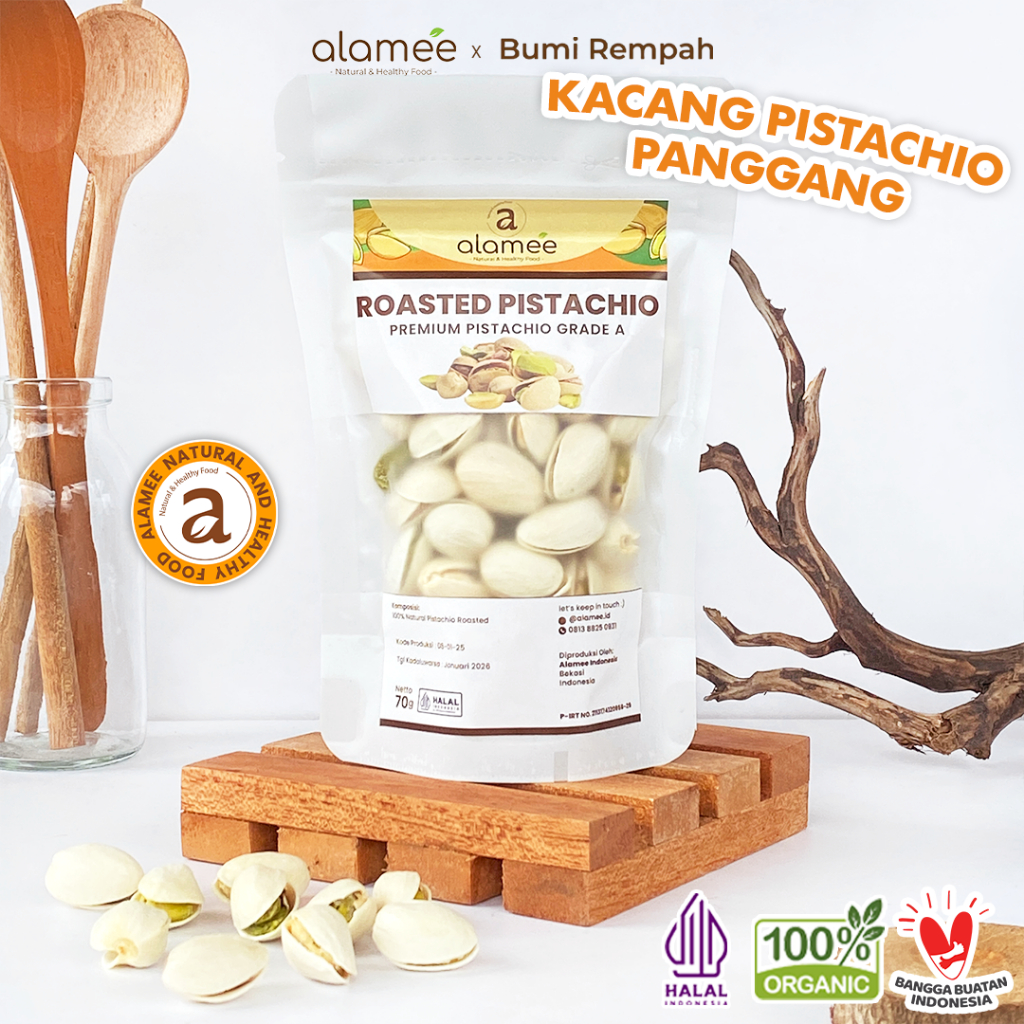 

ALAMEE Kacang Pistachio Pistacio Panggang Fustuk Roasted Premium Organic Dalam Cangkang Renyah 70g