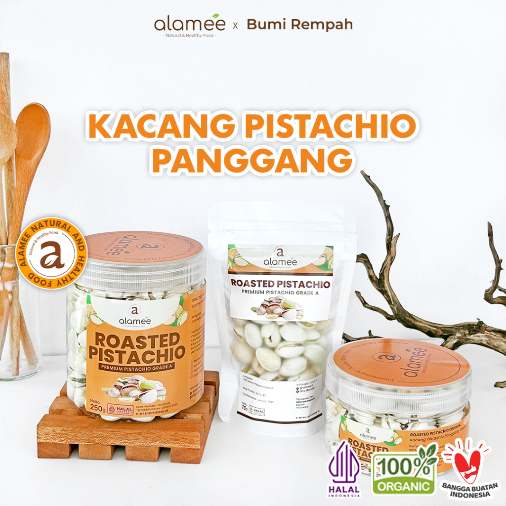 

ALAMEE Kacang Pistachio Pistacio Panggang Fustuk Roasted Premium Organic Dalam Cangkang Renyah 250g