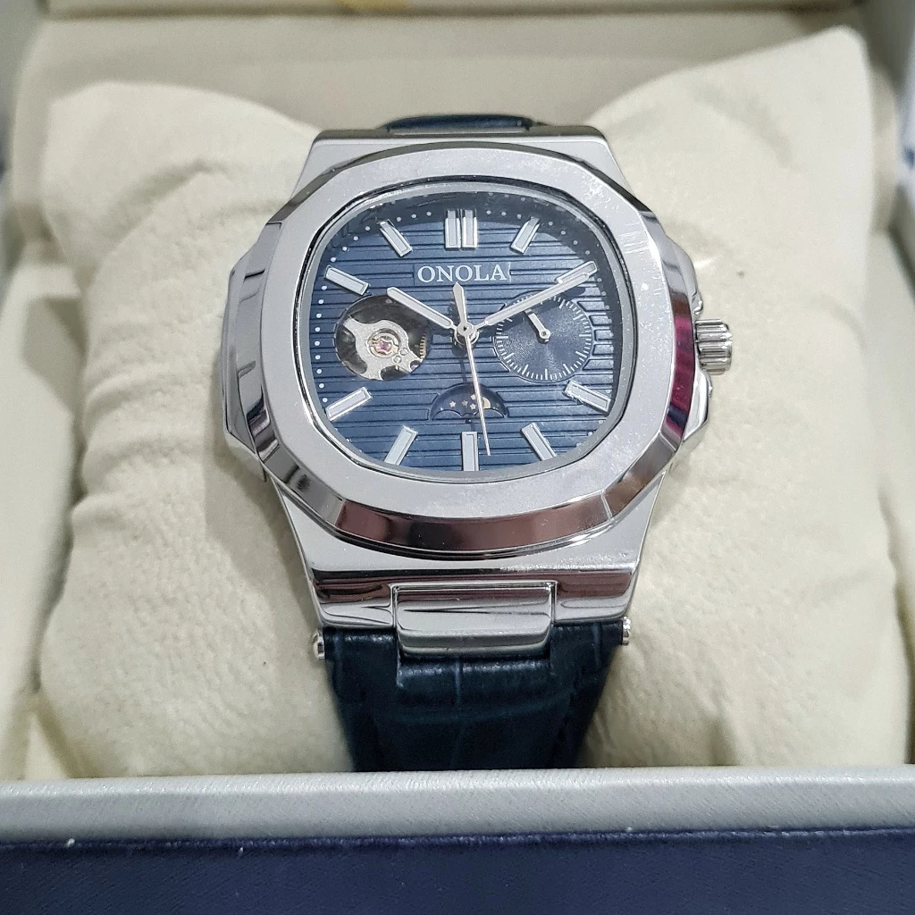 ONOLA Squadron Jam Tangan Pria Original Otomatis Tanpa Baterai Silver Biru Anti Air Skeleton