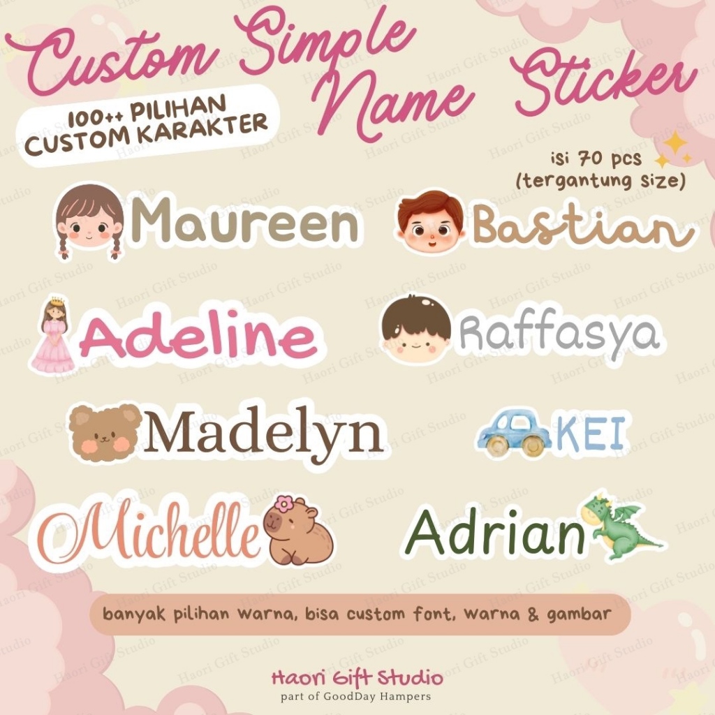 

[30-70pcs] Stiker Nama WATERPROOF Custom / Nama Anak Sticker maks 70pcs / Sticker Buku Hampers Waterproof Tahan Air Stiker Karakter Stiker Imut