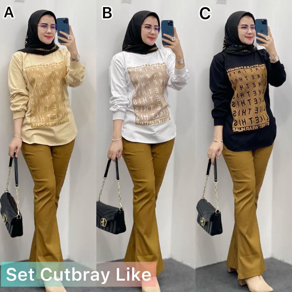 Setelan Wanita Celana Chinos Cutbray Atasan Kaos Combed Premium KODE V2C9