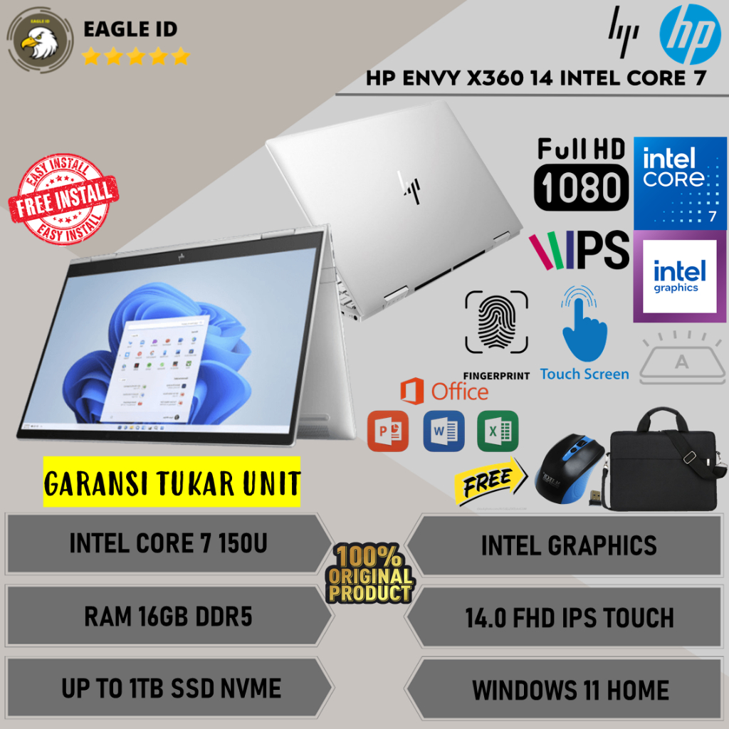 Laptop Baru HP Envy X360 14 Intel Core 7 150U Ram 16GB 1TB SSD FHD IPS TOUCH Windows 11 Home Terlari