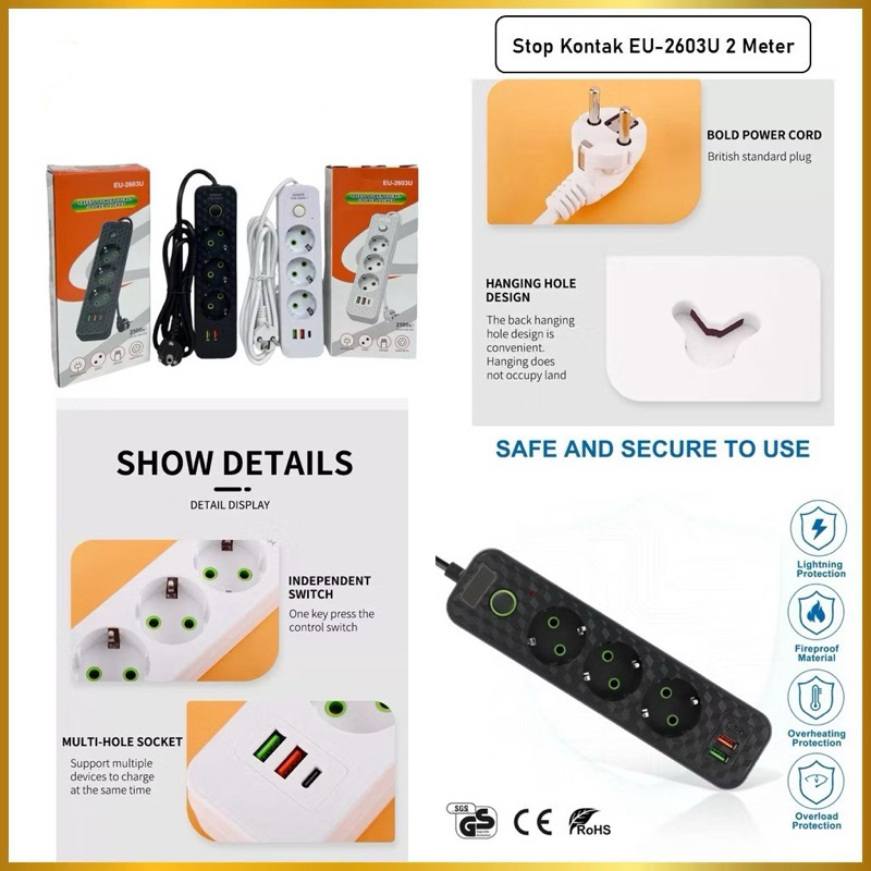 Stop Kontak Colokan Listrik EU-2603U 2M Stop Kontak 3 Socket 2 USB 1 Type C Terminal Listrik On Off