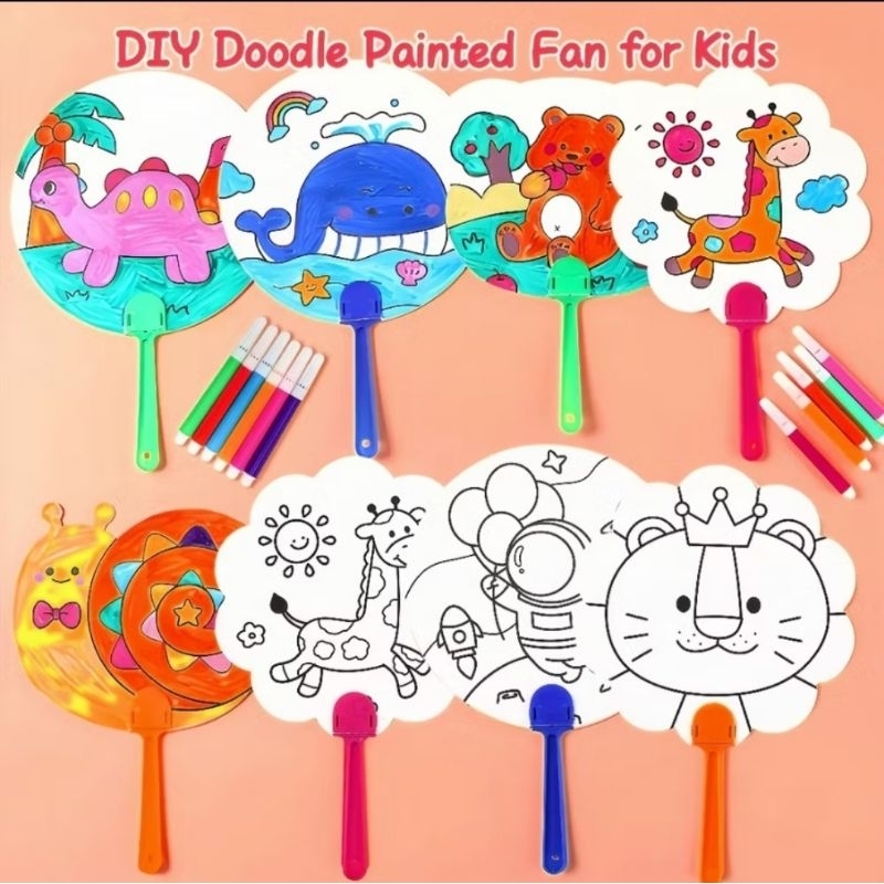 1 PaketKipas Anak dengan Cat Spidol DIY/Kipas Kertas Berwarna/Kerajinan Kipas Mewarnai Anak Seni & K