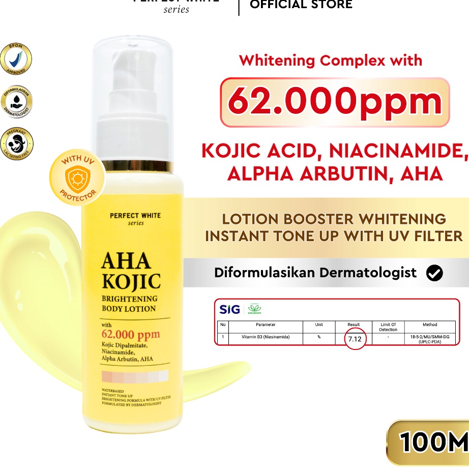 PERFECT WHITE 1ml AHA Kojic Brightening Body Lotion  Hand Lotion with Instant Tone Up with Kojic Aci