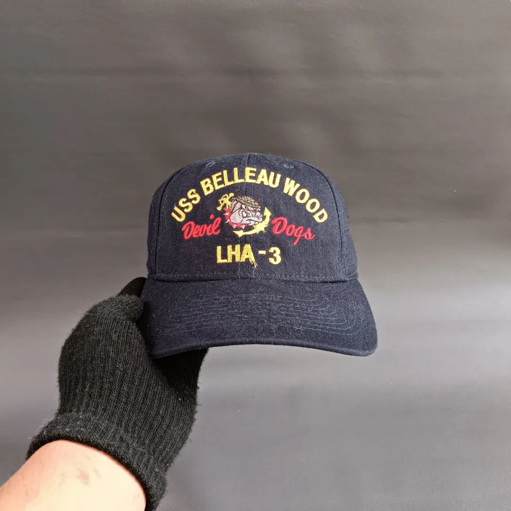 Topi Vintage Military Cap Unisex Pria Wanita USS BELEAU WOODS - DEVIL DOGS - LHA3 Dark Navy