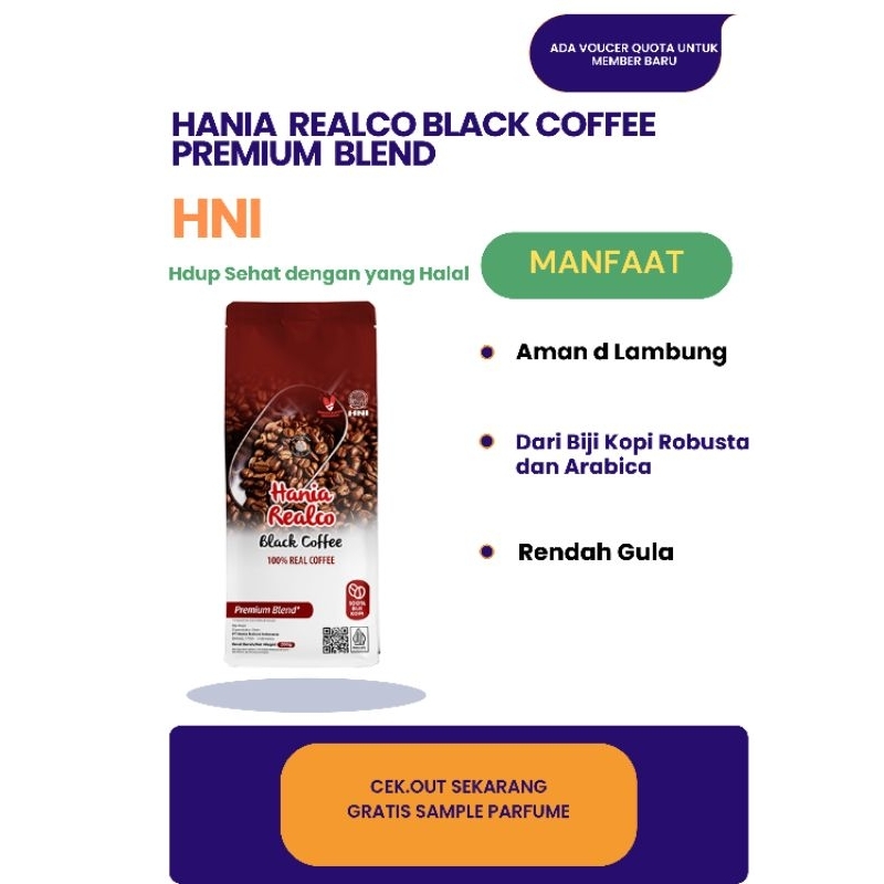 

Kopi Murni Hania Realco Black Coffee Premium Blend Produk HNI Halal Network Indonesia Biji Kopi Arabica & Robusta