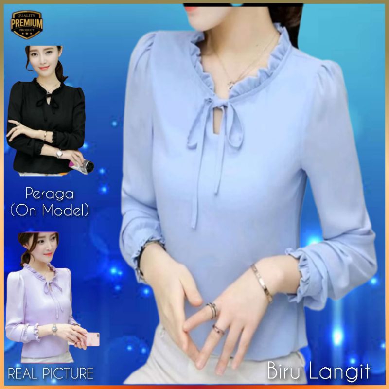 Atasan wanita TM 7634 baju Kemeja blouse Blossom Elegan Korea Biru Langit