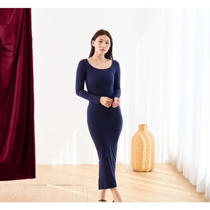 Long Dress Wanita Lengan Panjang Bodycon Polos Casual - Maxi Dress Bodycon Korean Style Long slevee