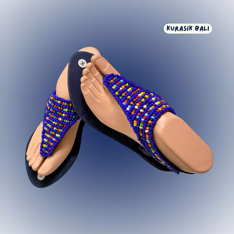 Kurasik Bali | Sandal Etnik Bali Nordik Campur Biru Dongker | Sandal Jepit Mote Manik | Sandal Handm