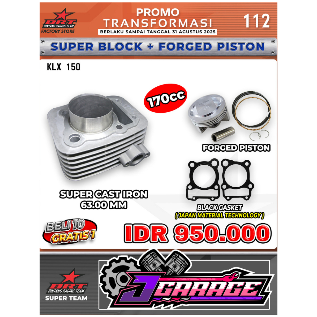 BLOK KLX - BLOK BORE UP BRT KLX 150 – 63.00MM – 170CC – BLOK CAST IRON & FORGED PISTON / BLOK RACING