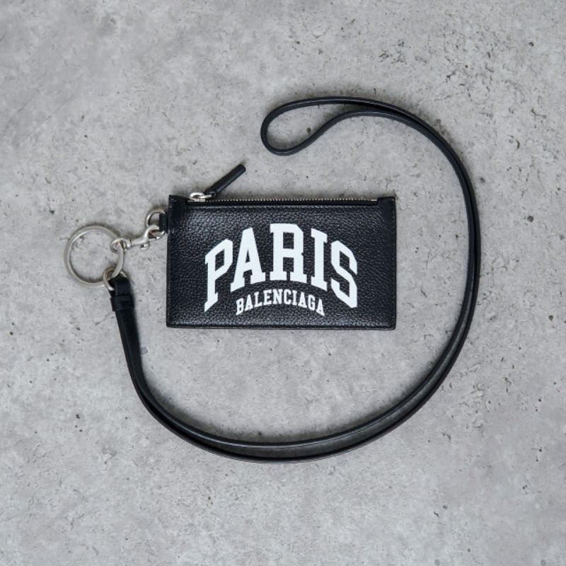 

BALENCIAGA Paris White Zip Card Lanyard in Black
