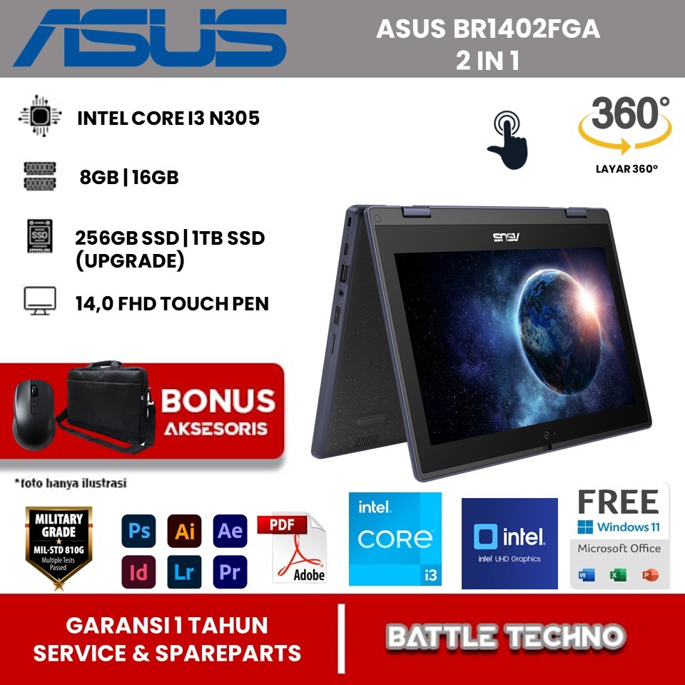 LAPTOP FLIP ASUS BR1402FGA Intel Core i3 N305 16GB 1TB SSD 14 Inch Full HD Touch Windows 11 Pro GREY