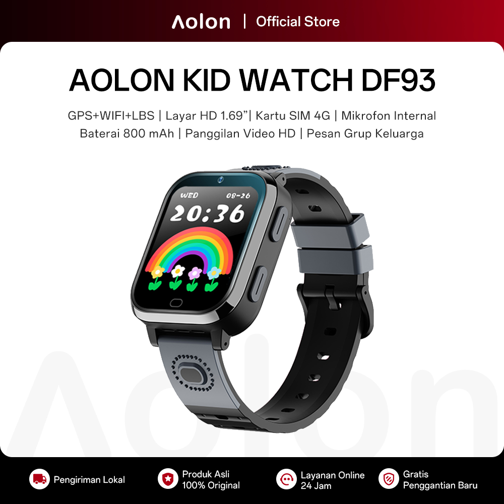 Aolon DF93 Smartwatch Anak 4G Kartu SIM GPS+LBS+WIFI Grup Keluarga Panggilan Suara & Video Baterai L