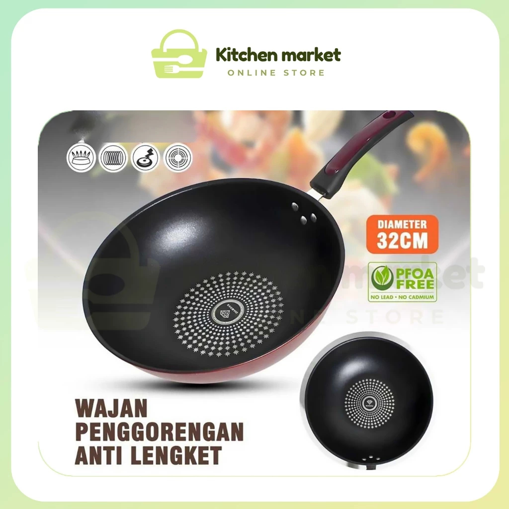 Wajan Penggorengan Anti Lengket Ukuran Diameter 32cm / Wajan Gagang Jumbo Diamond Wok Pan