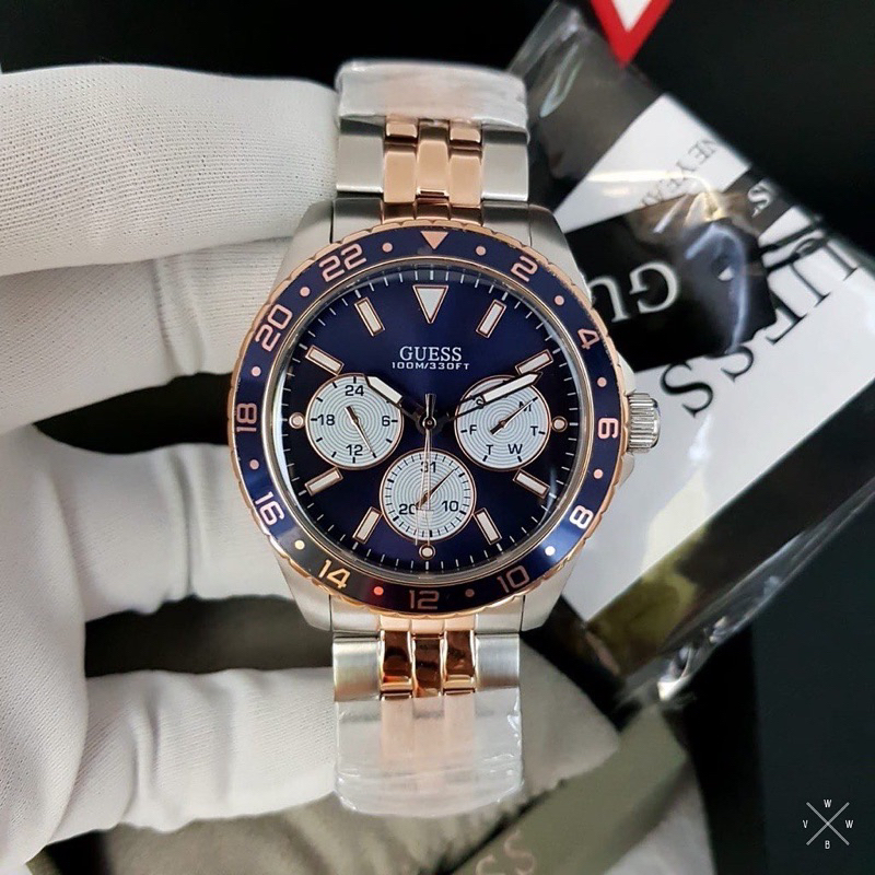 Guess W1107G3 Original Jam Tangan Pria Chronograph Sporty Blue Rose Gold