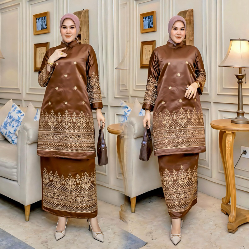 Setelan Kebaya Tunik Melayu Mewah Pesta Kondngan Terbaru/Set Kebaya tunik Kurung Wanita Bordiran Mew