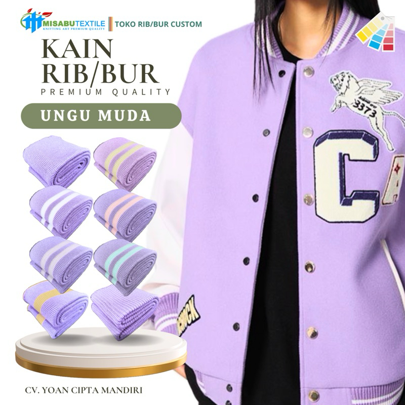Misabu Textile | Kain rib bur olyester warna ungu muda pastel polos dan strip bisa custom