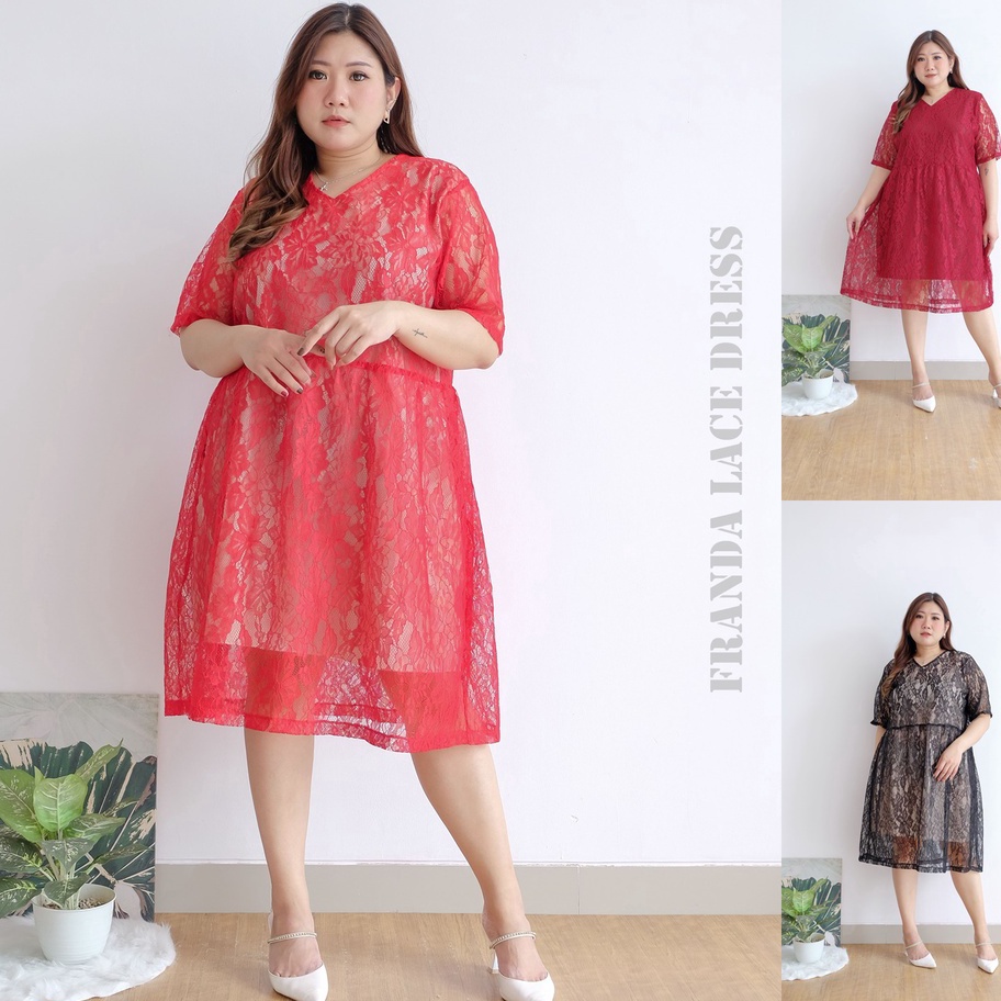 Kekinian HN Franda Dress Brokat Jumbo Big Size  Dress Brukat Plus Size