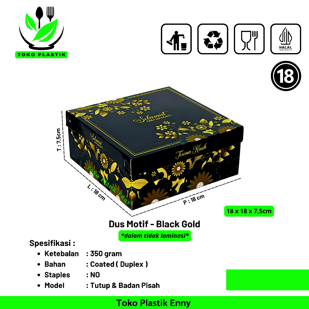 

[MIN 20Pcs] Dus / Kotak Nasi 18x18x7,5cm Full Colour - Motif Black Gold