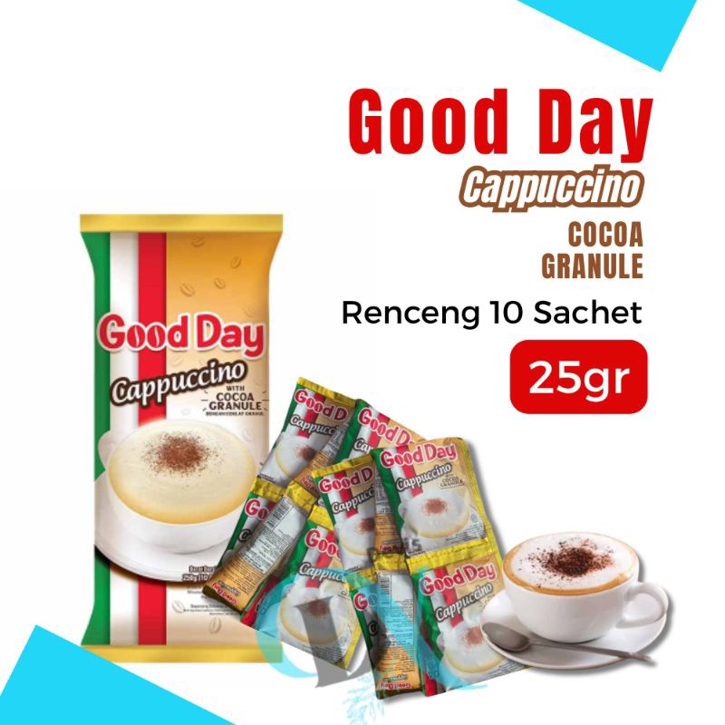

GOOD DAY Kopi Cappuccino. 1 Renceng 25gr (ISI 10 sachet) Whit Cocoa Granule.