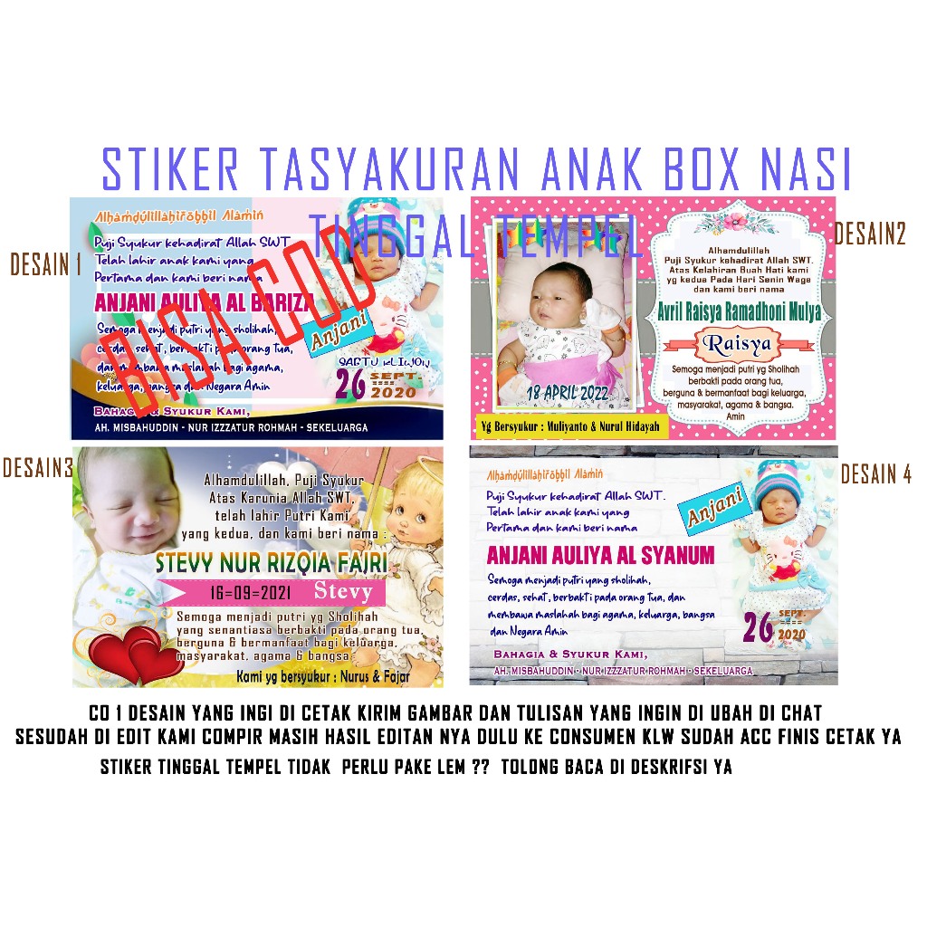 Stiker dan Kartu ucapan tasyakuran aqiqah berbagai acara Kotak nasi box