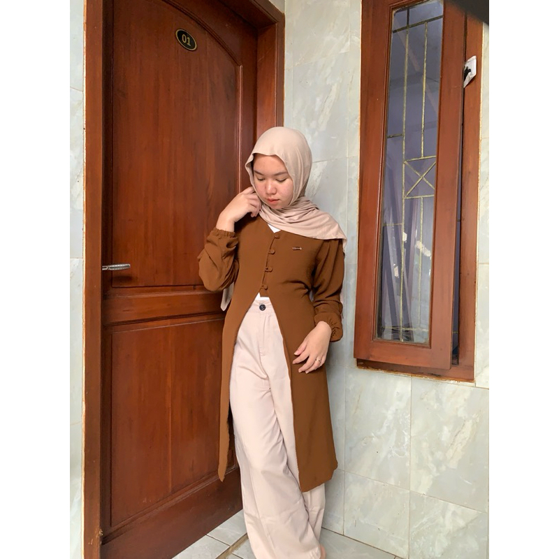 MICHII outer tunik panjang cardigan belah tengah lengan karet tali belakang long outer