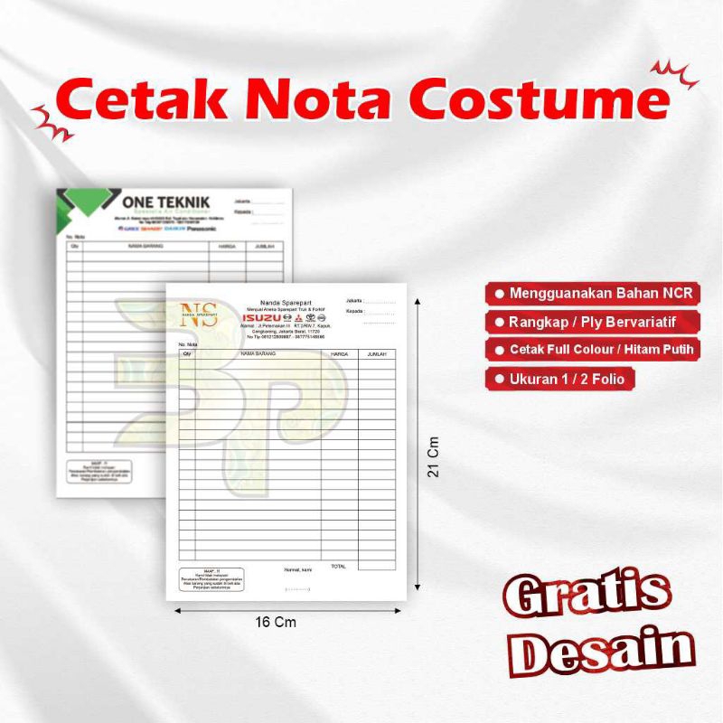 

Buku Nota / Bukti Pembayaran Costom 1/2 Folio Full colour / Hitam Putih, Bahan NCR 2 Ply / 3 Ply