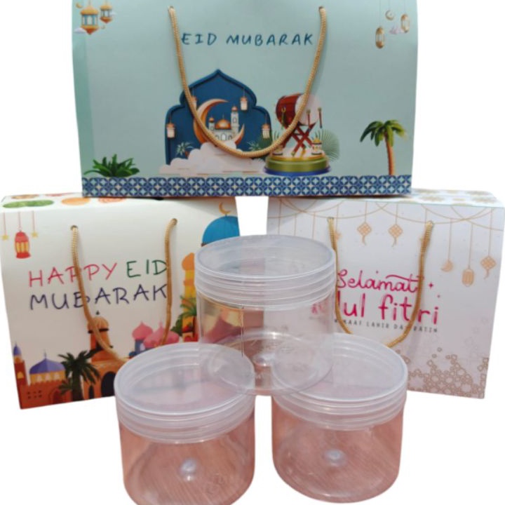 

1 Pcs Gable Box Hampers Idul Fitri Muat 3 Toples Jar 575 ml Hijau Tua Poly Gold uk 28x1x11 cm tinggi total 16cm