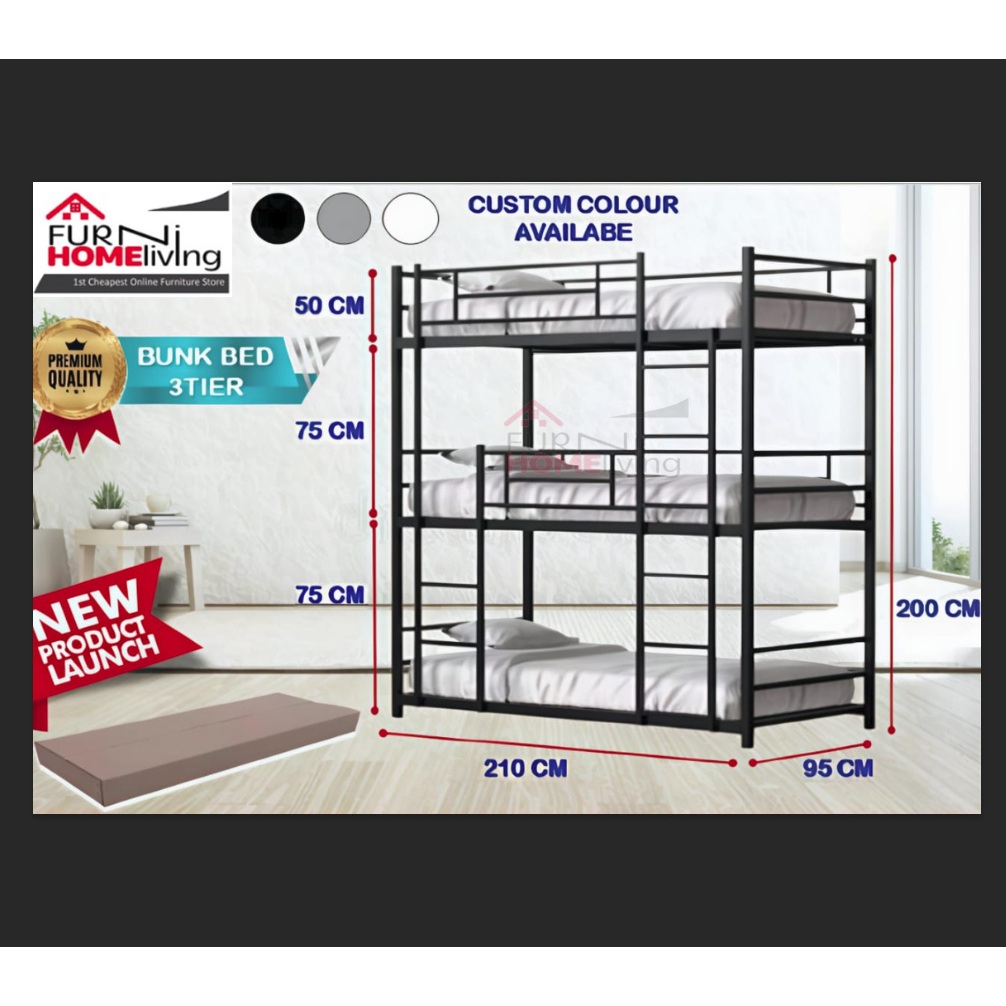 Bunkbed Ranjang Tingkat 3 Besi Ranjang Susun 3 Besi 3 TIER