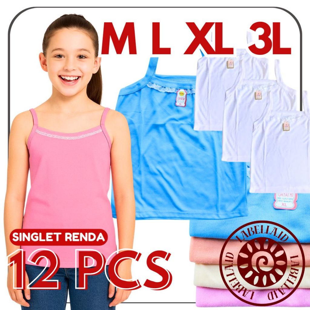 TERMURAH Lusinan 12 PCS Kaos Singlet Renda Wanita Anak Remaja Dewasa Nyaman Melar LABELLAID