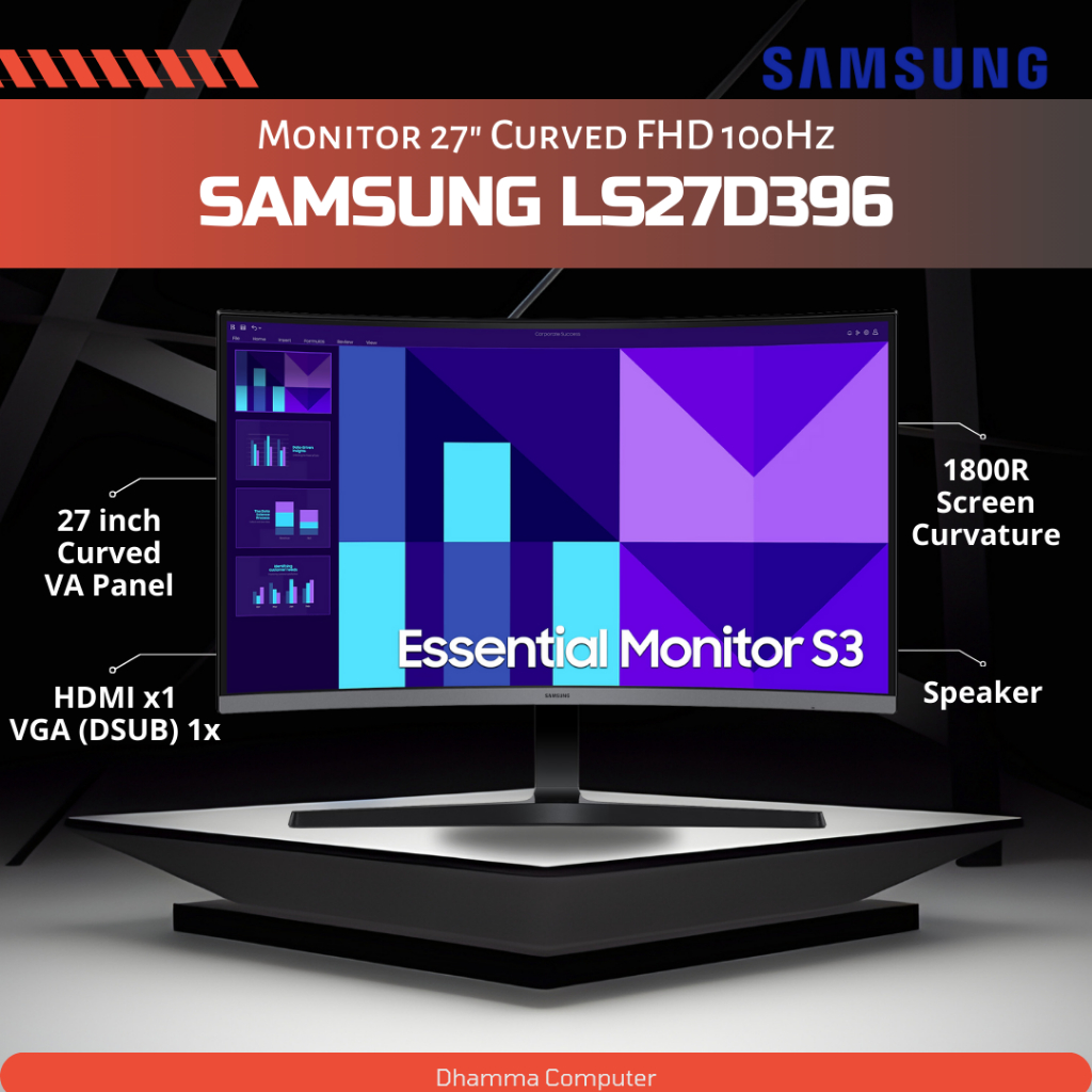 Monitor LED Samsung 27" Inch Curved S27D396 LS27D396GAE HDMI VGA 100Hz VA Speaker