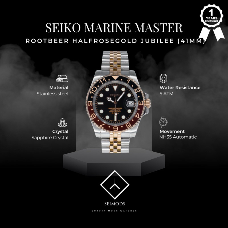 Jam Tangan Seiko Mod Rootbeer Rose Gold NH35 Automatic Jubilee Watch Marine Master