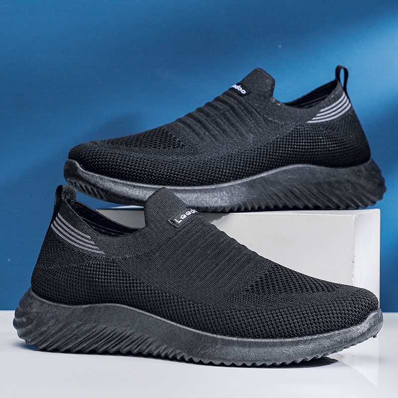 diskon timuga sepatu slip on pria full hitam sepatu pria tanpa tali outdoor sepatu slop olahraga